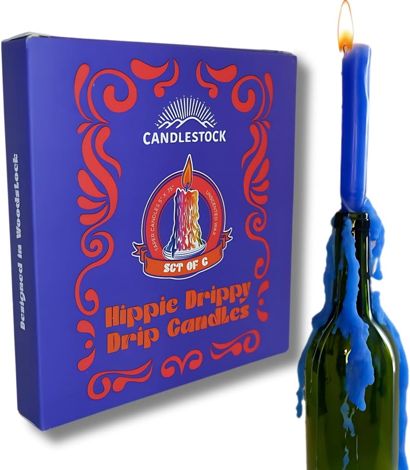 Candlestock Hippie Drippy Drip Candles - Pack of 6 Dripping Tapers - Wine Bottle Melting Candles (Blue) - Image 1